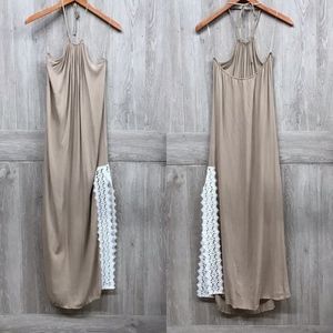 Tan Lace Detail Linen Maxi Dress BB267